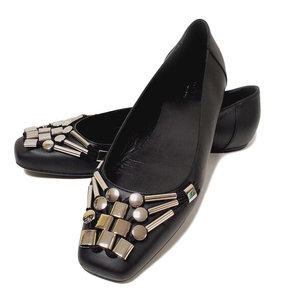 GUCCI SHOES BALLERINA FLATS BLACK LEATHER w HARDWARE sz 37.5 / 7.5 US - Picture 1 of 15